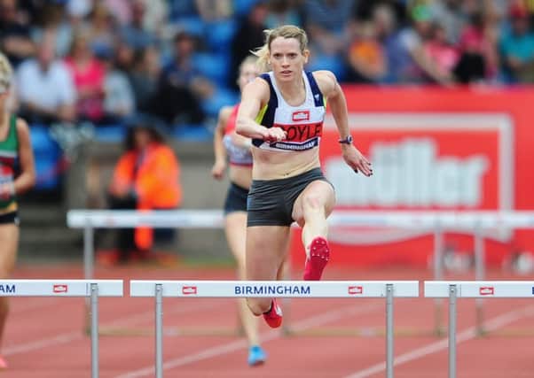 Eilidh Doyle leads the way en route to her victory in the womens 400m hurdles in Birmingham. Picture: Getty