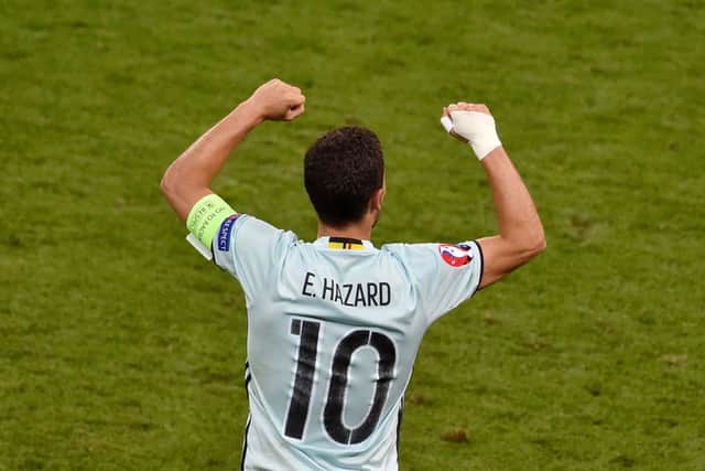 Eden Hazard celebrates his goal during Belgium's rout of Hungary. Picture: AFP/Getty Images