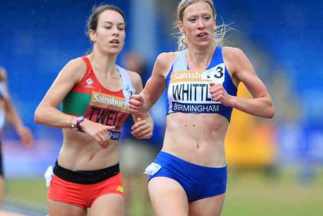 Steph Twell and Laura Whittle, right, during the women's 5000 metres final in Birmingham. Picture: Nigel French/PA