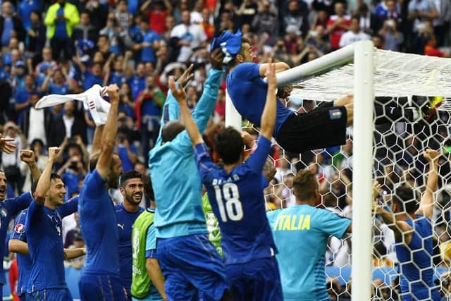 Italy players celebrate following their 2-0 win over Spain in the Euro 2016 round of 16 match at the Stade de France. Picture: Martin Bureau/AFP