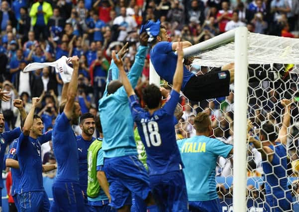 Italy players celebrate following their 2-0 win over Spain in the Euro 2016 round of 16 match at the Stade de France. Picture: Martin Bureau/AFP