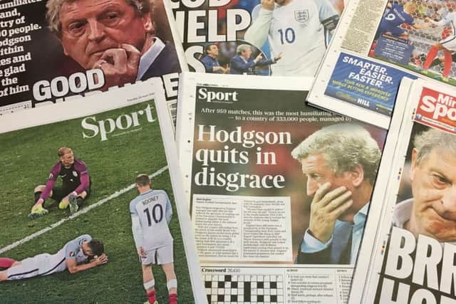A selection of today's newspaper back pages which roundly condemn England's 2-1 defeat to Iceland in Euro 2016. Picture: PA