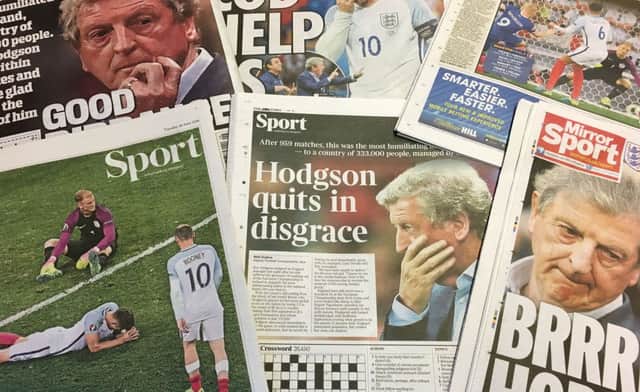 A selection of today's newspaper back pages which roundly condemn England's 2-1 defeat to Iceland in Euro 2016. Picture: PA