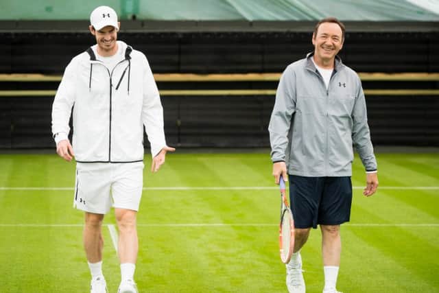 Kicking off his campaign for The Championships at Wimbledon 2016, Andy Murray is joined by Kevin Spacey on the All England Clubs Centre Court. Picture: Ian Gavan / Getty Images / WWF-UK