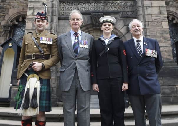 Major William Wright, chairman of the Battle of the Somme Vigil Major General Mark Strudwick CBE, Able Cadet Samantha Kaszuba from the Dunbar Sea Cadet Unit and descendent Alan Hamilton at the National War Memorial. Picture: Greg Macvean