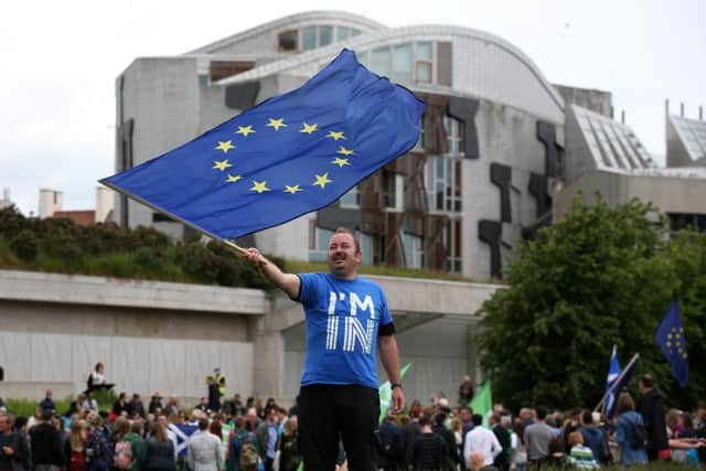 An EU flag is waved by Alex Foulkes (son of Labour peer George Foulkes) at a demonstration outside the Scottish Parliament ahead of a statement on Brexit by Nicola Sturgeon. Picture: Andrew Milligan/PA Wire