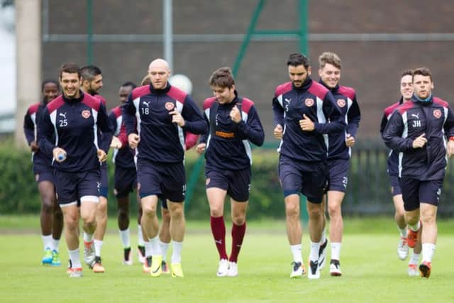 The Hearts players train at Riccarton as they prepare for tomorrow's Europa League qualifier against FC Infonet. Picture: Graham Stuart/SNS