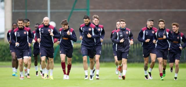 The Hearts players train at Riccarton as they prepare for tomorrow's Europa League qualifier against FC Infonet. Picture: Graham Stuart/SNS