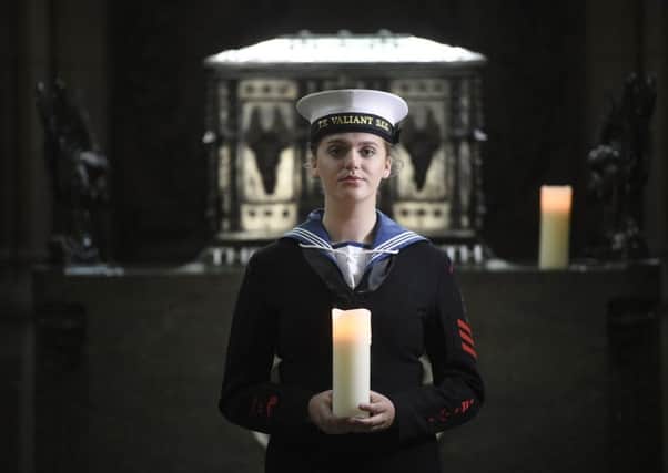 Able Cadet Samantha Kaszuba from TS Valiant (Dunbar Sea Cadet Unit) remembers The Battle of The Somme 100 years on. Picture: Greg Macvean