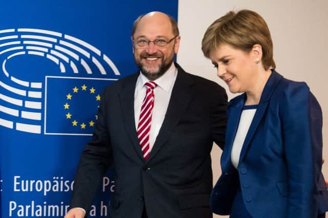 Martin Schulz greets Nicola Sturgeon at the European Parliament in Brussels. Picture: AP