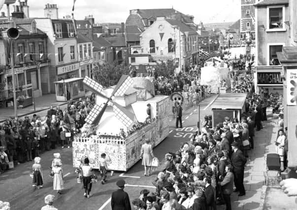 Windmill float in the Lanmar Day parade taking place in Lanark in June 1974.