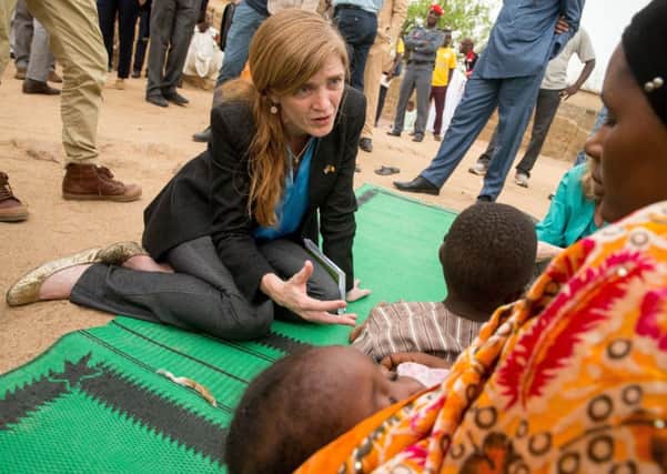 Samantha Power meets a family who fled to Mokolo, Cameroon, to escape Boko Haram. Picture: AP