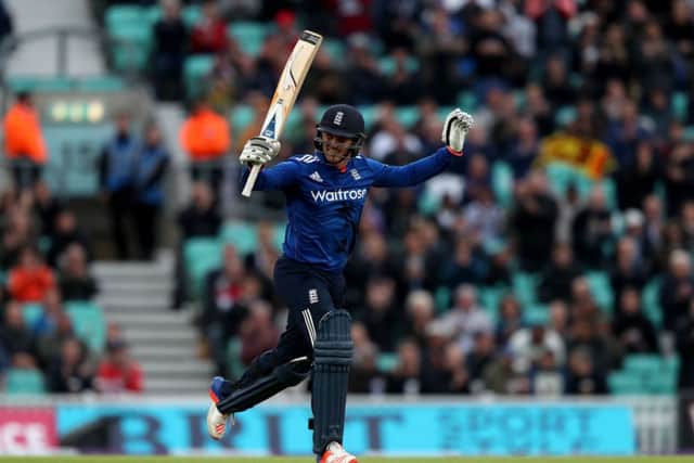 England's Jason Roy celebrates reaching his century during the fourth Royal London One Day International at the Oval. Picture: Simon Cooper/PA Wire