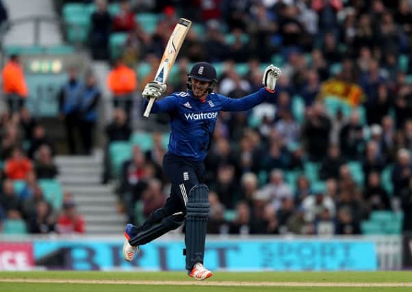 England's Jason Roy celebrates reaching his century during the fourth Royal London One Day International at the Oval. Picture: Simon Cooper/PA Wire