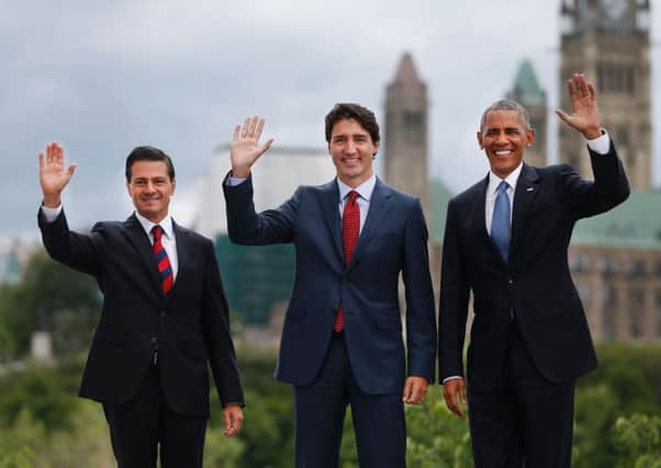 Mexican President Enrique Pena Nieto, Canadian Prime Minister Justin Trudeau and US President Barack Obama in Ottawa. Picture: AFP/Getty Images