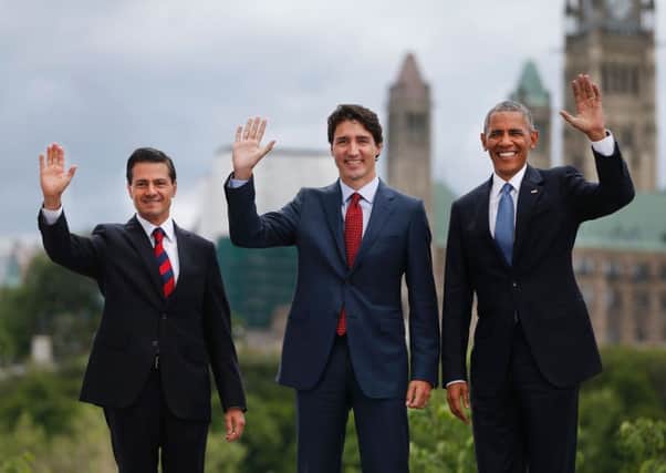 Mexican President Enrique Pena Nieto, Canadian Prime Minister Justin Trudeau and US President Barack Obama in Ottawa. Picture: AFP/Getty Images