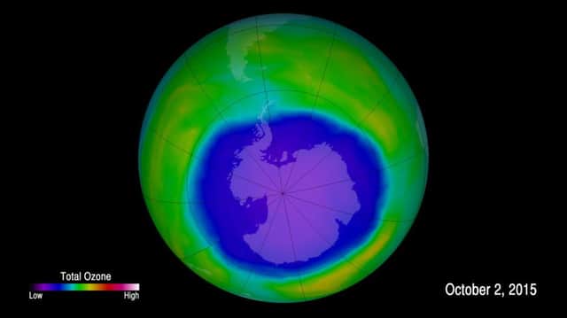 The hole that appears annually in the ozone layer above Antarctia is getting smaller say scientists. Picture: NASA