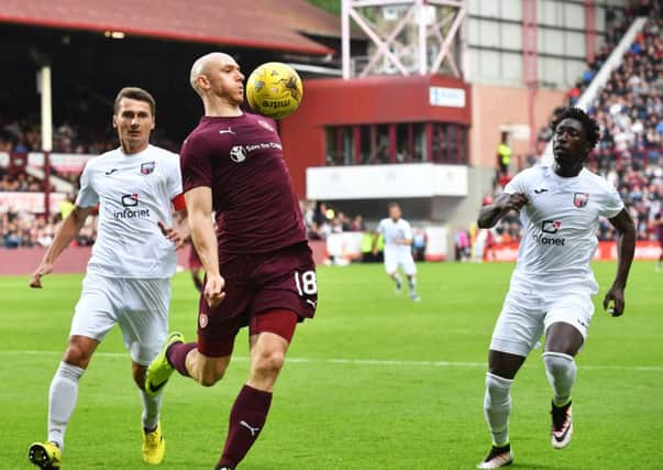Hearts' Conor Sammon in action against Infonet. Picture: SNS