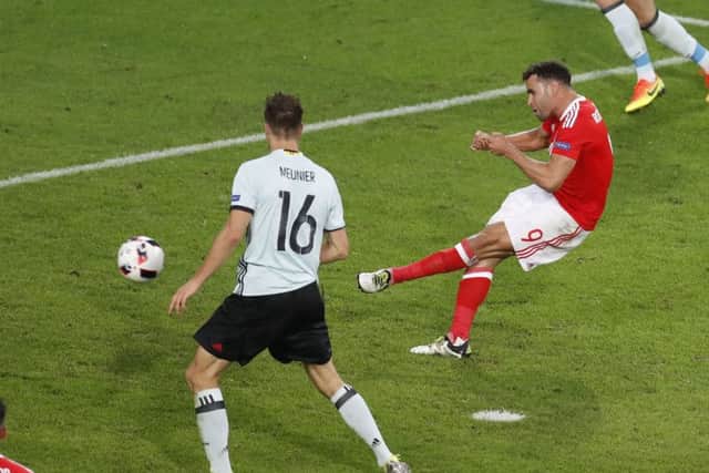 Hal Robson Kanu scores a stunning goal to put Wales 2-1 ahead. Picture: Michael Sohn/AP