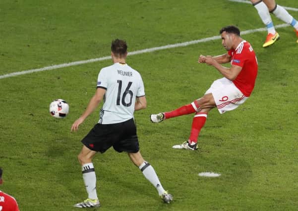 Hal Robson Kanu scores a stunning goal to put Wales 2-1 ahead. Picture: Michael Sohn/AP