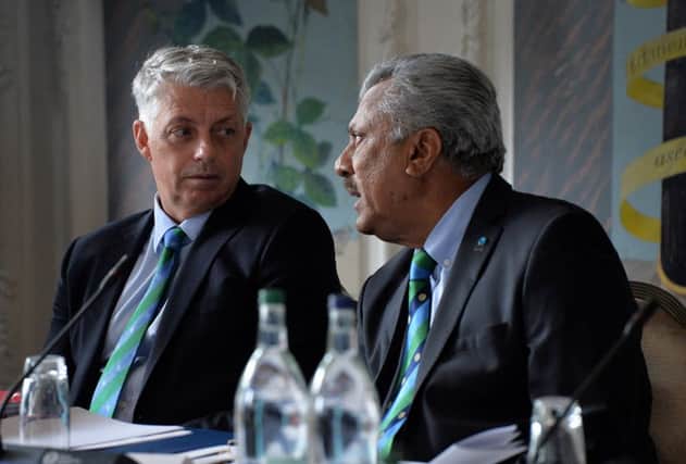 EDINBURGH, SCOTLAND - JUNE 30: David Richardson ICC Chief Executive (L) and outgoing ICC president Zaheer Abbas during the ICC Full Council meeting at The Waldorf Astoria, The Caledonian on June 30, 2016 in Edinburgh, Scotland. (Photo by Mark Runnacles-IDI/IDI via Getty Images)