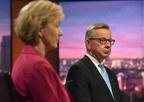 Tory leadership candidates Andrea Leadsom and Michael Gove appear on The Andrew Marr Show. Picture: BBC/Getty