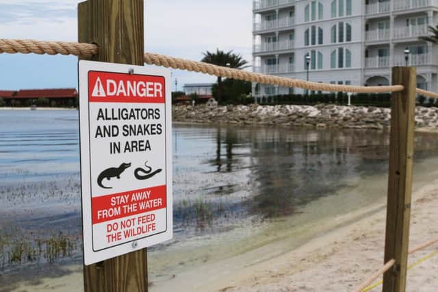 A new sign warns holidaymakers at Disneys Grand Floridian Resort of the dangers of alligators following the death of Lane Graves. Picture: AP