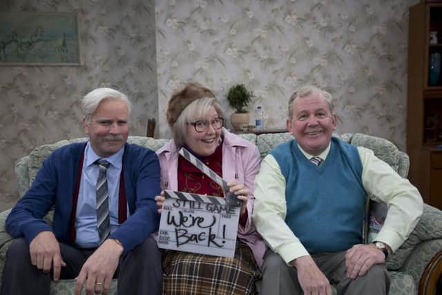 Jane McCarry is flanked by Greg Hemphill and Ford Kiernan as filming begins. Picture: Contributed