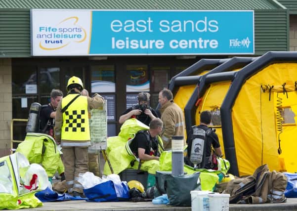Scottish Fire and Rescue attend the scene of chemical leak at East Sands Leisure Centre.  Picture: Ian Rutherford