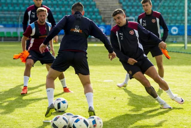 Hearts' Callum Paterson (No 2) trains in Le Coq Arena in Tallinn ahead of the match with FC Infonet. Picture: Paul Devlin/SNS