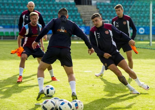 Hearts' Callum Paterson (No 2) trains in Le Coq Arena in Tallinn ahead of the match with FC Infonet. Picture: Paul Devlin/SNS