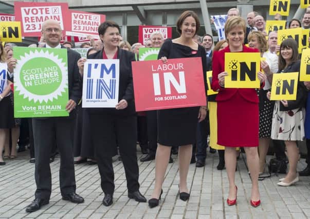 From left to right, Patrick Harvie, Ruth Davidson, Kezia Dugdale, and First Minister Nicola Sturgeon campaign for Remain. 

Picture: Ian Rutherford