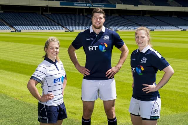 Scotland's Lisa Martin (left), Grant Gilchrist and Jade Konkel (right) showcase the new match kit. Picture: SNS