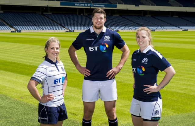 Scotland's Lisa Martin (left), Grant Gilchrist and Jade Konkel (right) showcase the new match kit. Picture: SNS