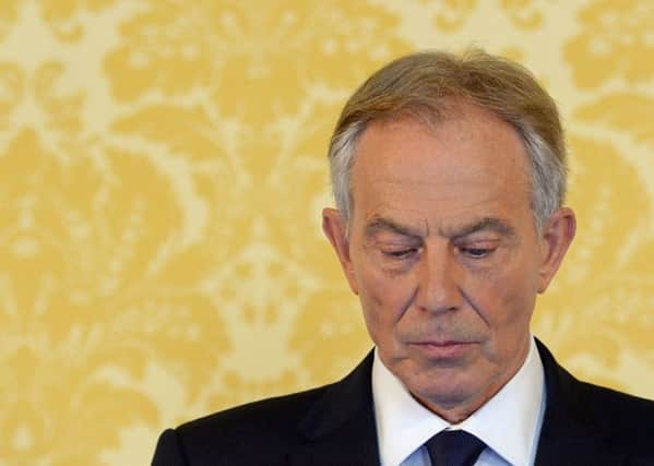 Former prime minister Tony Blair speaks during a news conference in London earlier today. Picture: AFP/Getty Images