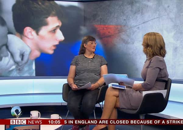 Lynne Sandford, mother of Michael Sandford, talks about her son on The Victoria Derbyshire Show. Picture: BBC News