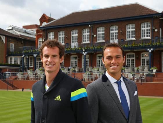 LONDON, ENGLAND - APRIL 08:  Andy Murray and Ross Hutchins, Tournament Director, together at The Queens Club on April 8, 2014 in London, England.  (Photo by Julian Finney/Getty Images for Aegon)