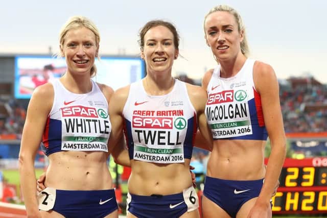 From left, Laura Whittle, Steph Twell and Eilish McColgan battled it out in the womens 5,000 metres. Photograph: Getty