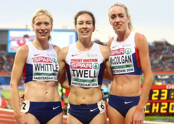 From left, Laura Whittle, Steph Twell and Eilish McColgan battled it out in the womens 5,000 metres. Photograph: Getty
