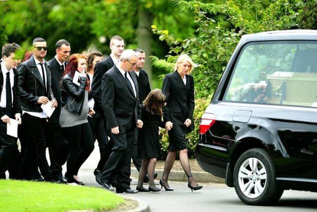 The funeral of M( crash victim Lamara Bell, 25. Lamara's coffin was followed in a procession led by dad, Andrew Bell; daughter, Alysha Yuill and mum, Diane Bell. Picture: TSPL