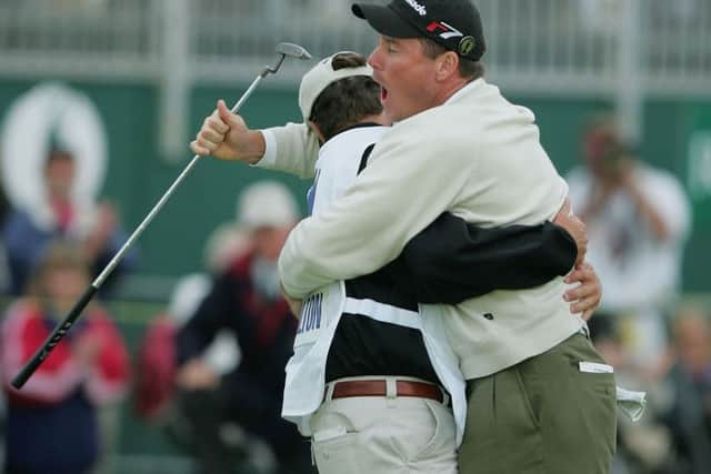 Todd Hamilton celebrates his Open victory at Royal Troon in 2004 with his caddie, Ron Levin. Picture: Stuart Franklin/Getty Images