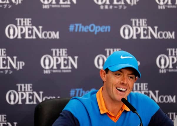Rory McIlroy shares a joke during his press call at Royal Troon. Picture: Kevin C. Cox/Getty Images
