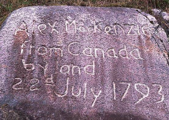 The stone left by Stornoway explorer Alexander Mackenzie as he reached The Pacific, written in bear grease. PIC WikiCommons.