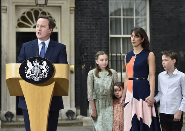 David Cameron makes his final speech in Downing Street with wife Samantha and their children looking on. Picture: PA