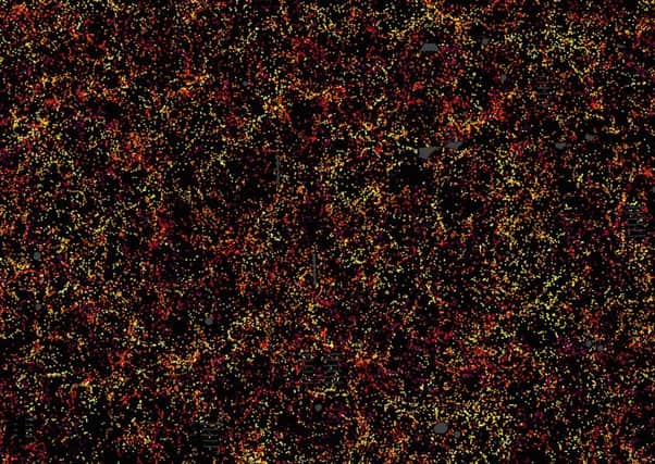 A slice through the new map of the Universe, six billion light years wide, shows a 20th of the sky. Picture: contributed