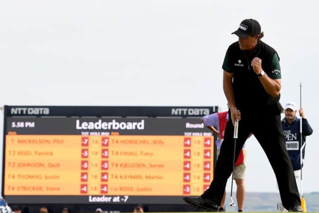 Phil Mickelson celebrates a birdie on the 17th at Royal Troon.  Picture: Jan Kruger/R&A/R&A via Getty Images