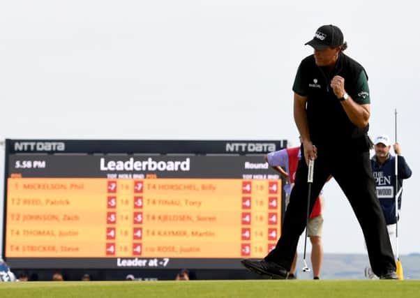 Phil Mickelson celebrates a birdie on the 17th at Royal Troon. Picture: Jan Kruger/R&A/R&A via Getty Images
