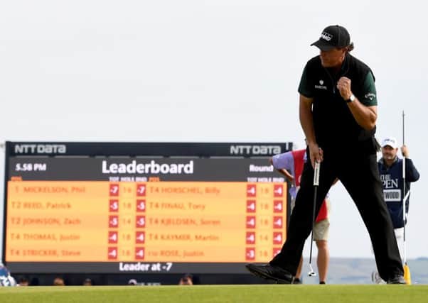 Phil Mickelson celebrates a birdie on the 17th at Royal Troon.  Picture: Jan Kruger/R&A/R&A via Getty Images