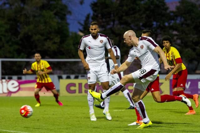Hearts' Connor Sammon finds the net but the goal was disallowed for offside. Picture: Paul Devlin/SNS