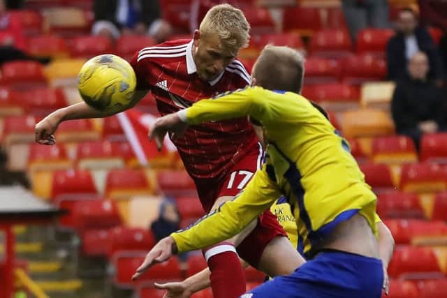 Jayden Stockley scores Aberdeens opening goal against Ventspils four minutes after coming off the bench at Pittodrie. Picture: Ian MacNicol/Getty